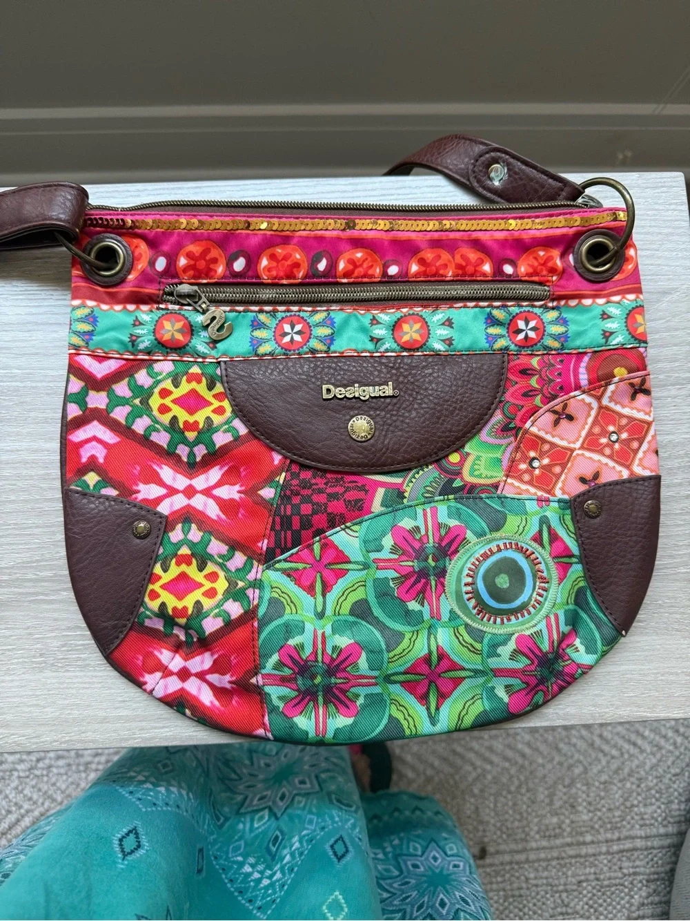 Desigual Multicolor Floral Geo Patch Crossbody with Brown Trim - Picture 3 of 17